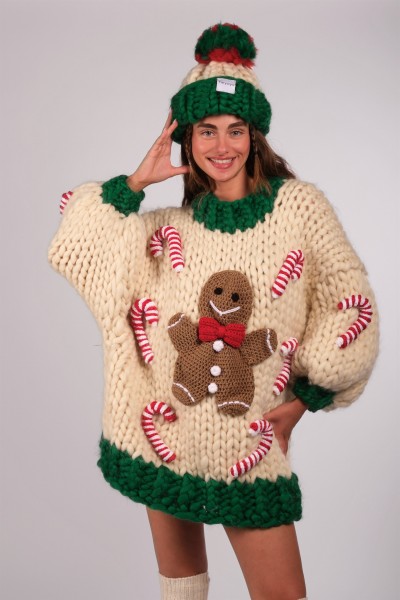 Hand-Knitted Ecru & Green Beanie