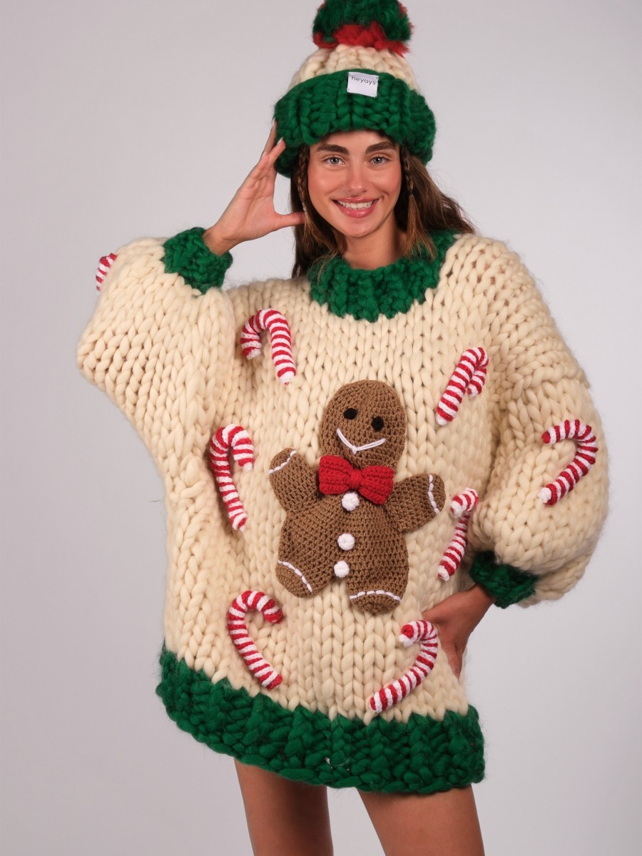 Hand-Knitted Ecru & Green Beanie