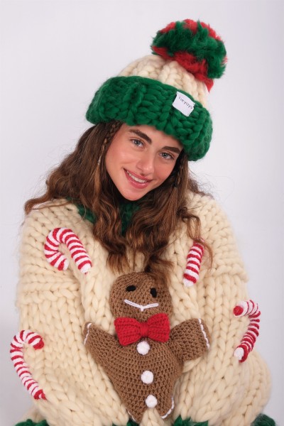 Hand-Knitted Ecru & Green Beanie