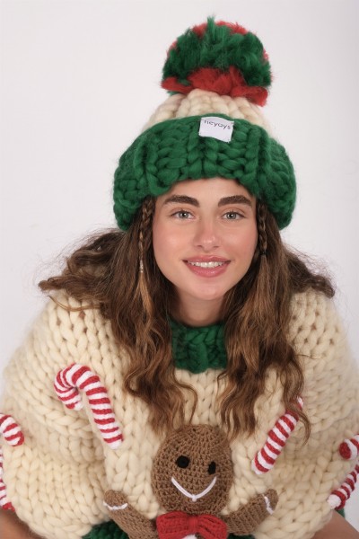 Hand-Knitted Ecru & Green Beanie