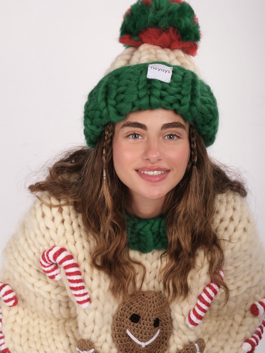 Hand-Knitted Ecru & Green Beanie