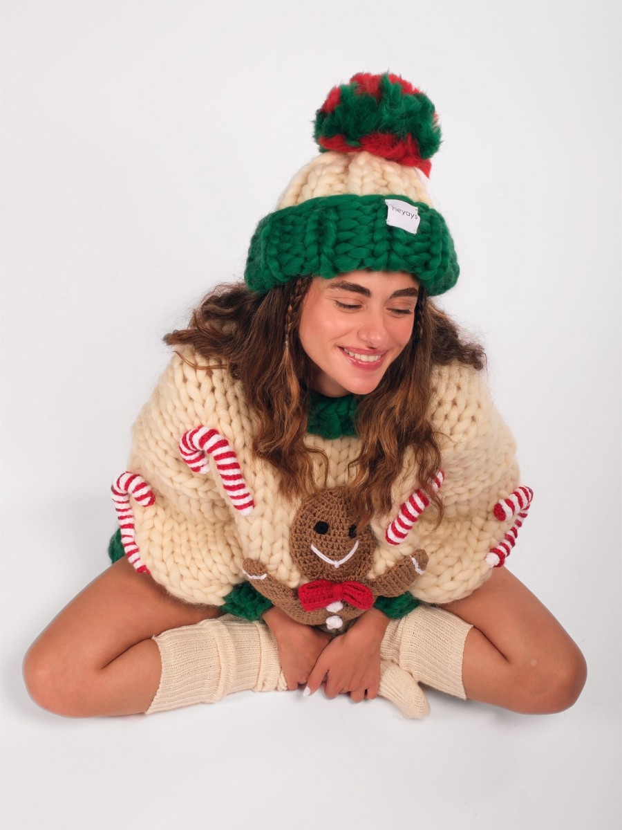 Hand-Knitted Ecru & Green Beanie