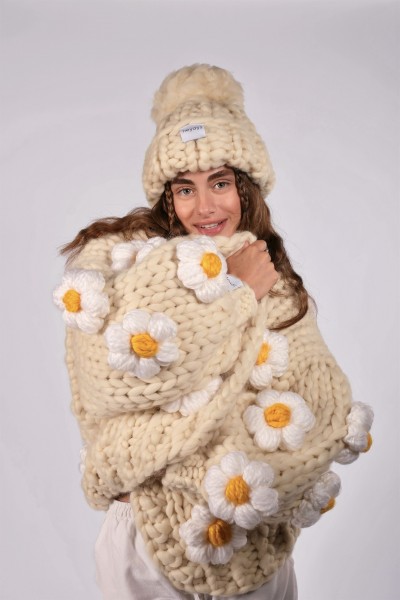 Hand-Knitted Ecru Beanie
