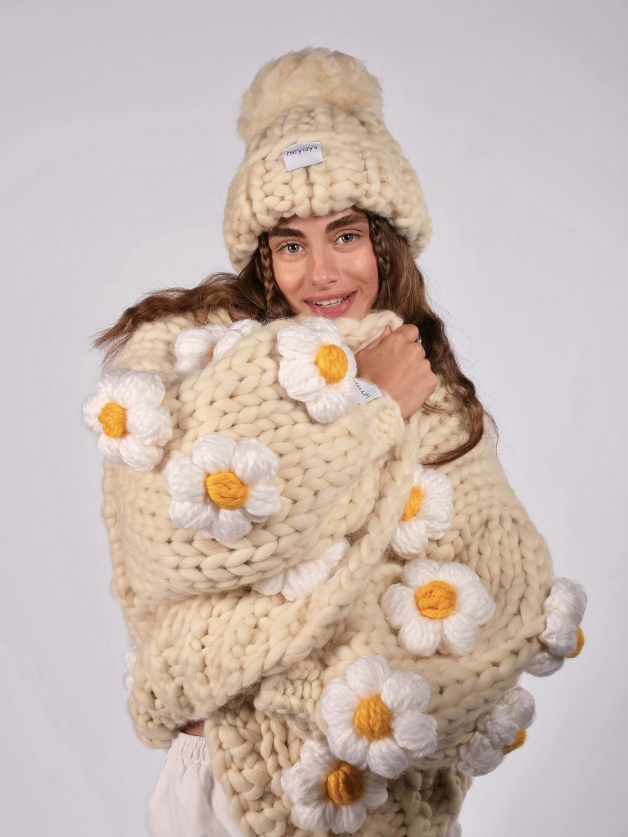 Hand-Knitted Ecru Beanie