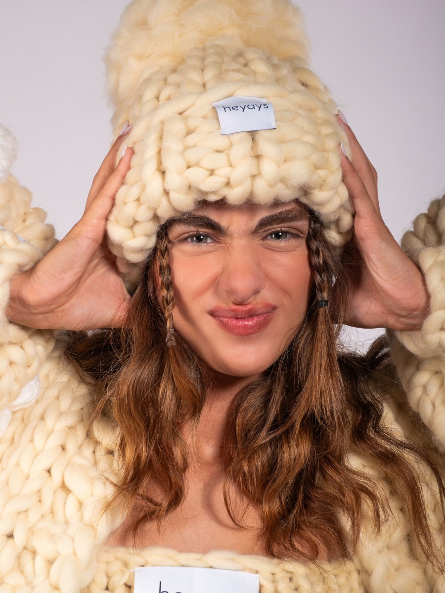Hand-Knitted Ecru Beanie