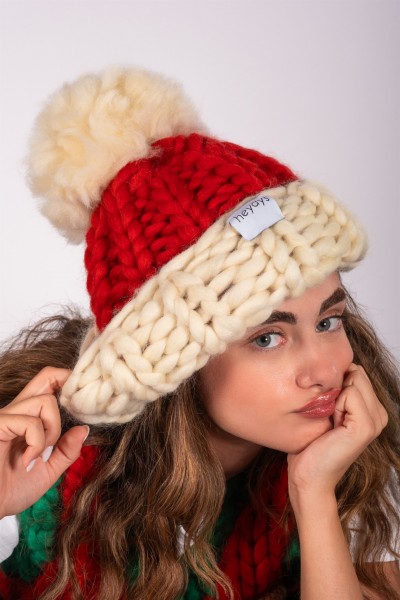 Hand-Knitted Red & Ecru Beanie