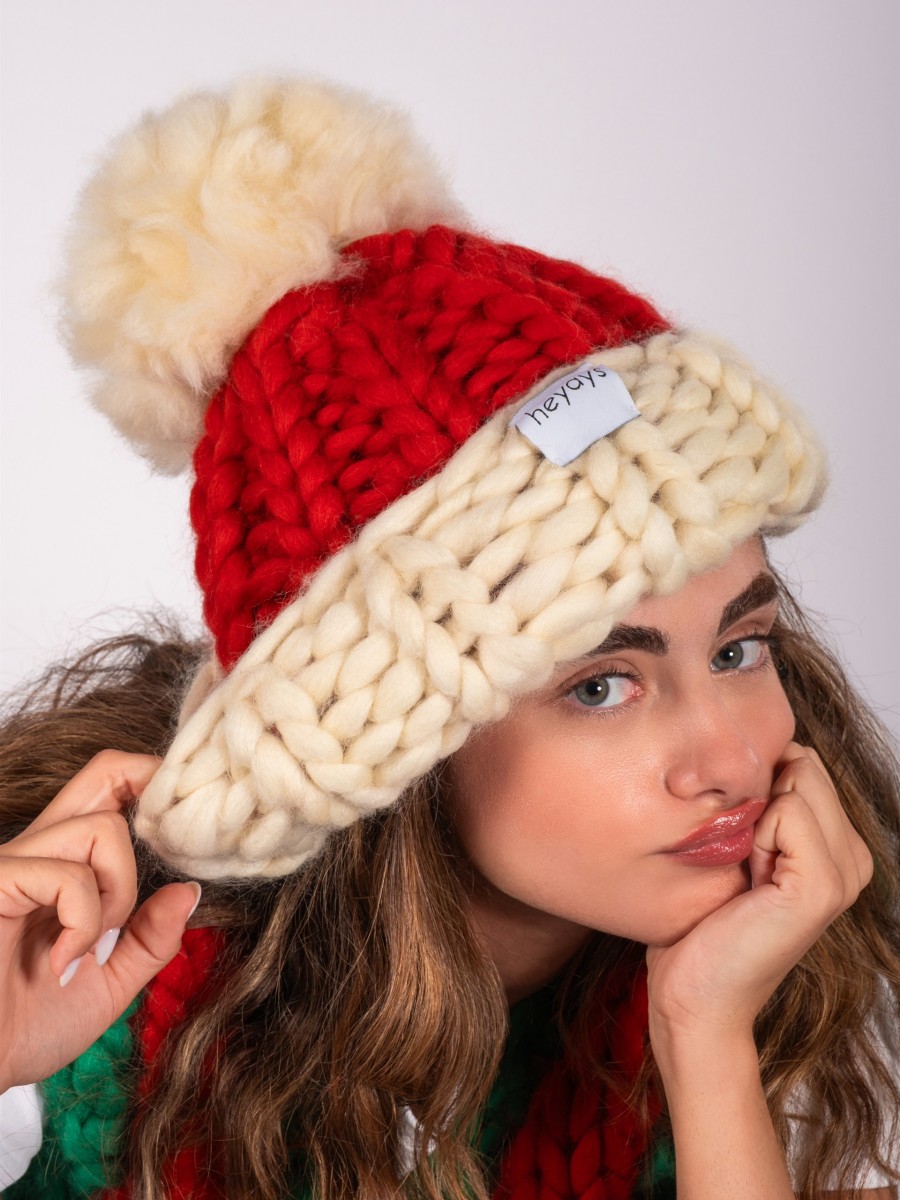 Hand-Knitted Red & Ecru Beanie