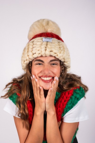 Hand-Knitted Red & Ecru Beanie