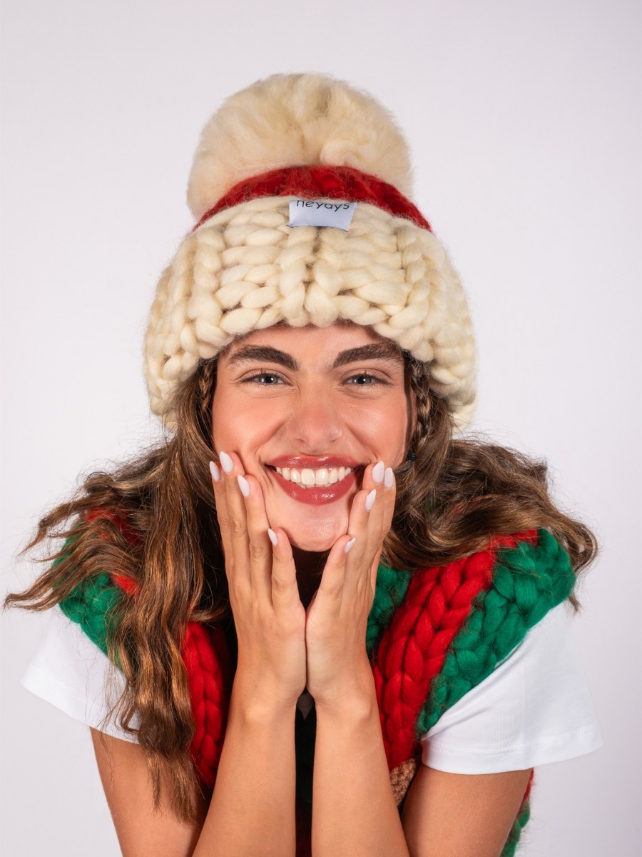Hand-Knitted Red & Ecru Beanie