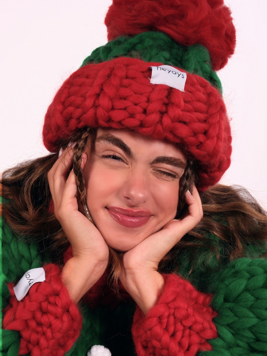 Hand-Knitted Red & Green Beanie