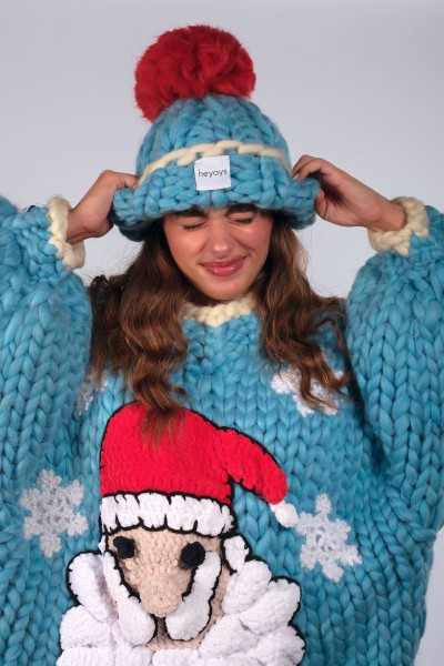 Hand-Knitted Blue & Red Beanie