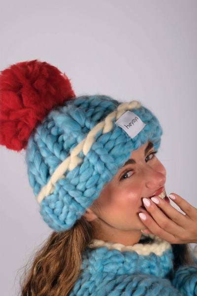 Hand-Knitted Blue & Red Beanie