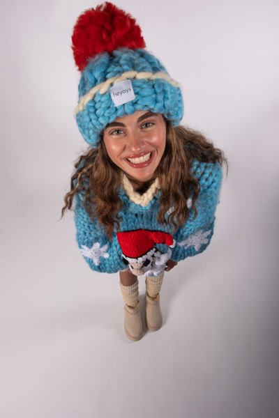 Hand-Knitted Blue & Red Beanie