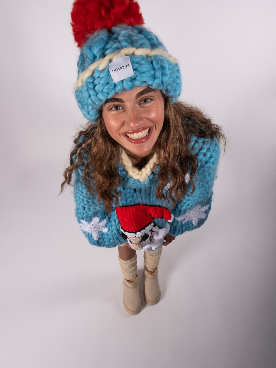 Hand-Knitted Blue & Red Beanie