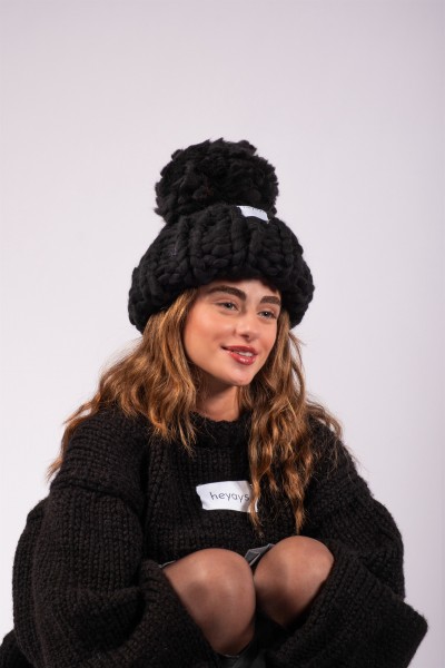 Hand-Knitted Black Beanie