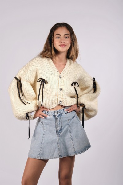 Black Bow Hand-Knitted Cardigan