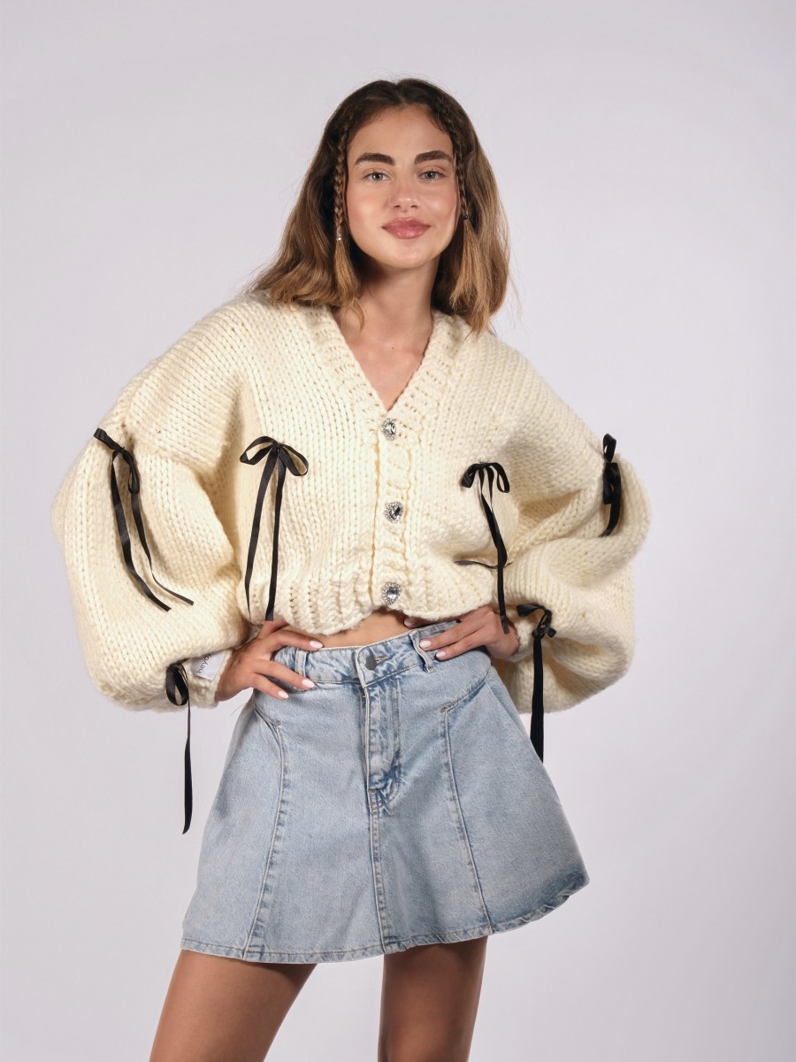Black Bow Hand-Knitted Cardigan