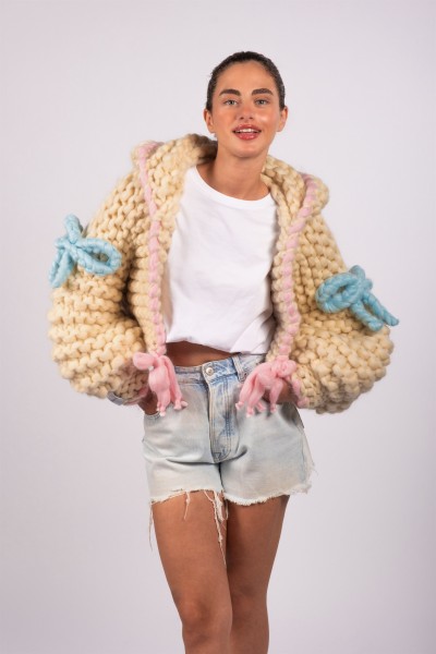 Cotton Candy Hooded Hand-Knitted Cardigan
