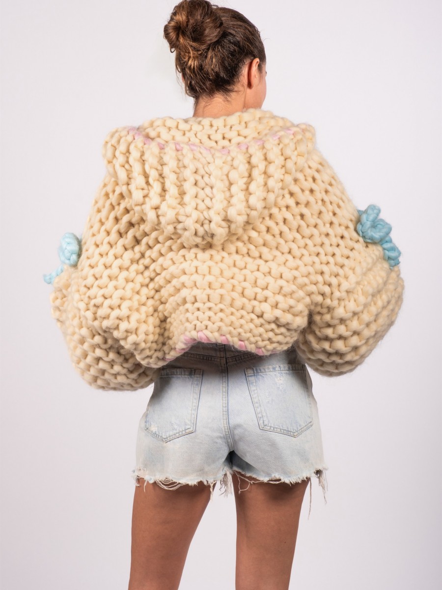 Cotton Candy Hooded Hand-Knitted Cardigan