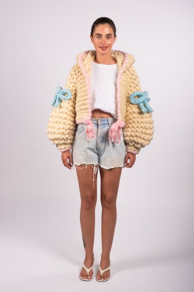 Cotton Candy Hooded Hand-Knitted Cardigan