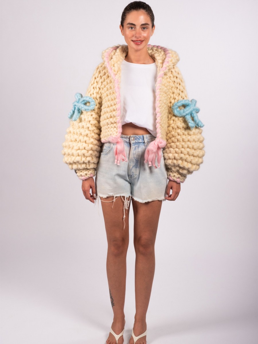 Cotton Candy Hooded Hand-Knitted Cardigan