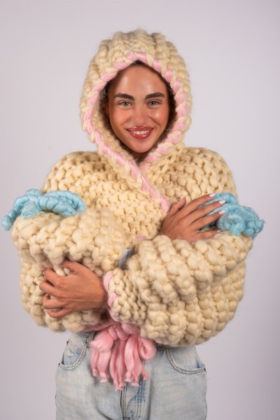 Cotton Candy Hooded Hand-Knitted Cardigan