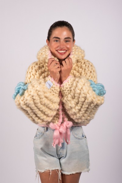 Cotton Candy Hooded Hand-Knitted Cardigan
