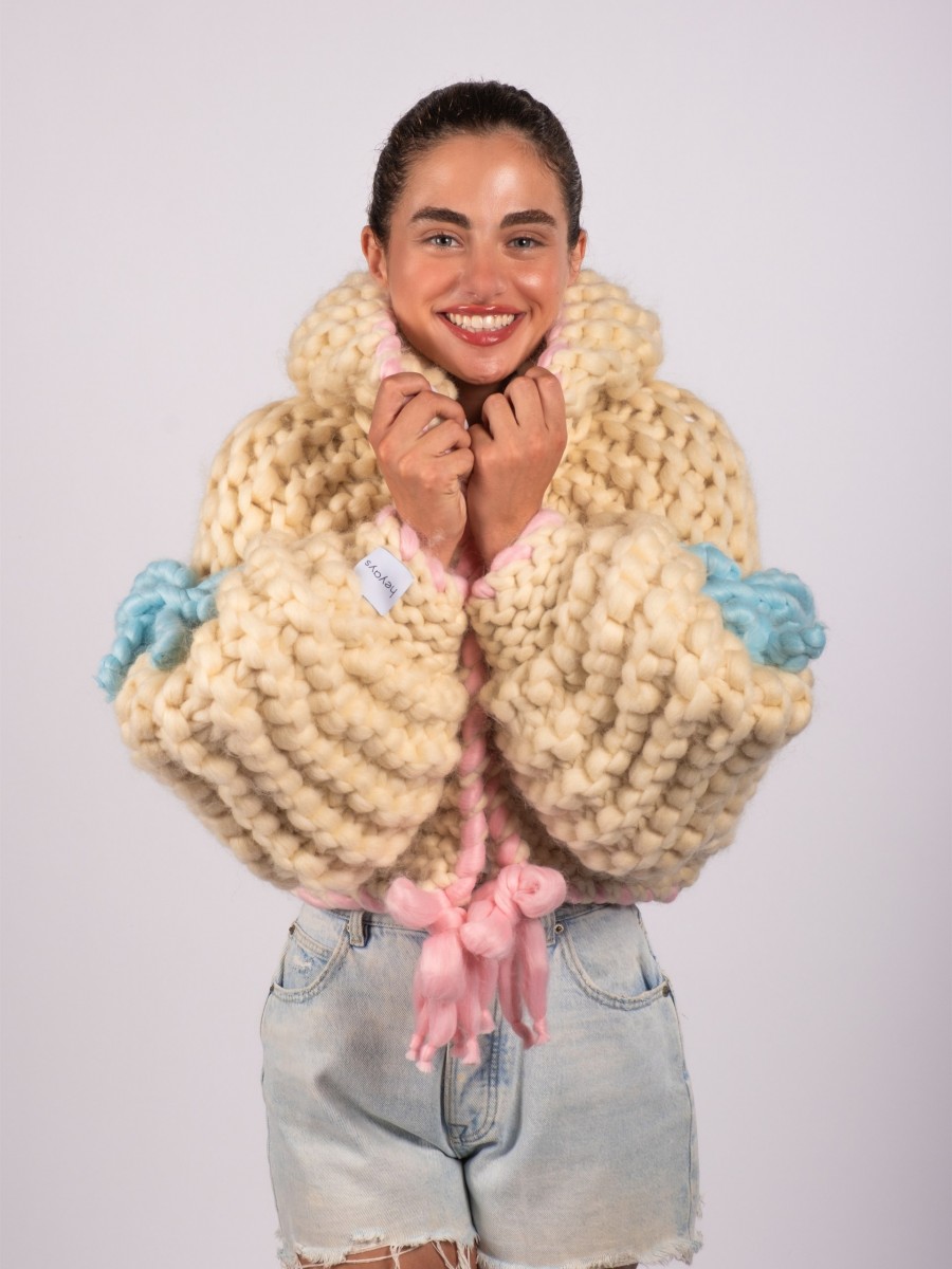 Cotton Candy Hooded Hand-Knitted Cardigan