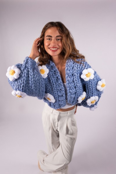 Daisy Blue Hand-Knitted Cardigan