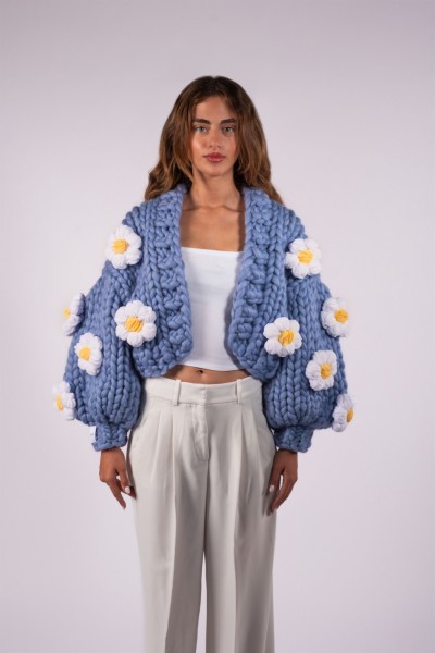 Daisy Blue Hand-Knitted Cardigan