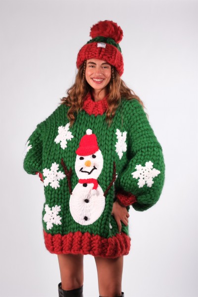 Snowman Hand-Knitted Sweater + Beanie Set