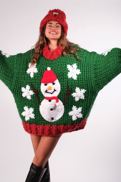 Snowman Hand-Knitted Sweater + Beanie Set