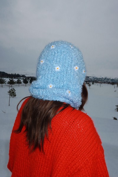 Blue Daisy Knit Bonnet Hood 