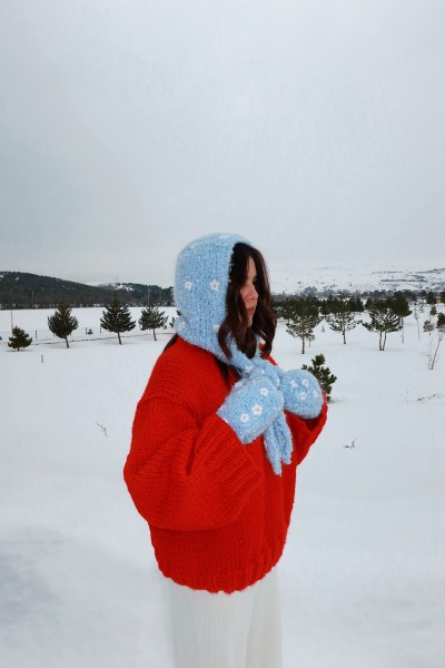 Blue Daisy Knit Bonnet Hood 