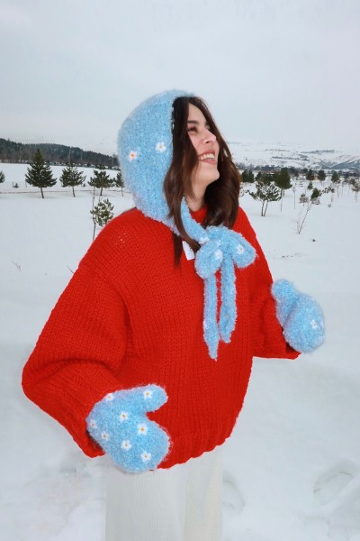 Blue Daisy Knit Bonnet Hood 